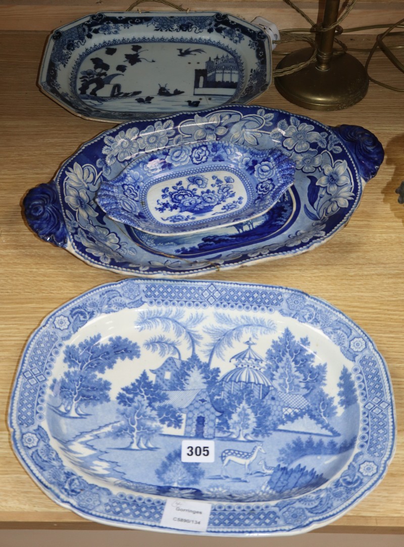 An 18th century Chinese blue and white octagonal dish and three Staffordshire pottery dishes, length 44cm